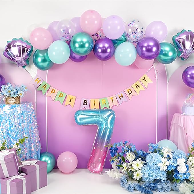 7th Mermaid Birthday Decoration,Metallic Purple Pink Green Blue Latex Balloons for Girls Party Decoration Number 7 Seashell Foil Balloons Banner Cake Topper Mermaid Sea Decorations