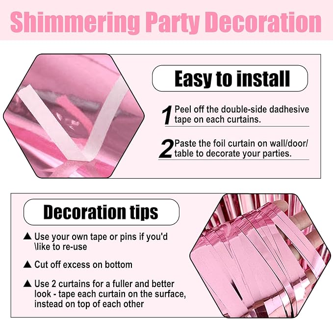 3 Pack Pink Foil Fringe Curtain Backdrop, 3.28Ft x 6.6Ft Metallic Tinsel Foil Fringe Streamer Curtains for Photo Booth, Christmas Day, Thanksgiving, Wedding, New Year Party Decorations