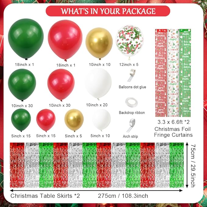 140pcs Christmas Party Balloon Set, Merry Xmas Balloons with Table Skirts and Foil Fringe Tinsel Curtains for Winter Holiday Party Decorations