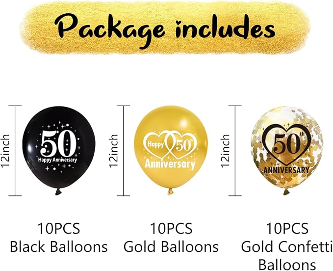 Lnlofen 30pcs 50th Anniversary Decorations Kit, 12 Inch Black Gold Happy 50 Wedding Latex Confetti Balloons, Party Supplies for 50 Year Theme Indoor Outdoor Decor