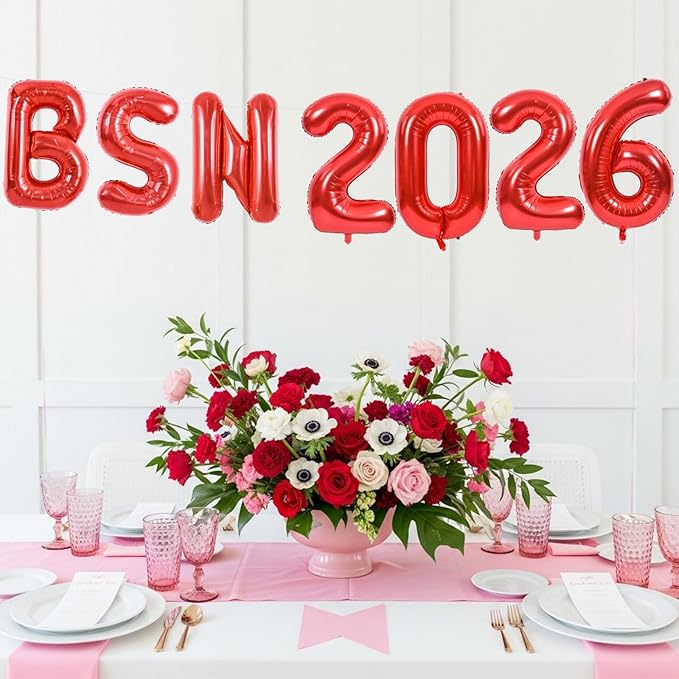 TONIFUL 2026 Nurse Graduation Decorations Red BSN 2026 Balloons 16 Inch BSN 2026 Banner Class of 2026 Congrats Nurse Balloons Decorations 2026 Nursing Graduation Party Supplies