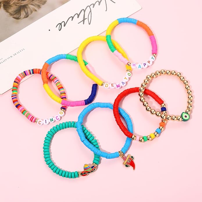 Surfer Heishi Bracelets for Women Stackable Rainbow Vinyl Disc Clay Beaded Stretch Bracelets Elastic Layering Friendship Bracelets Boho Summer Beach Jewelry