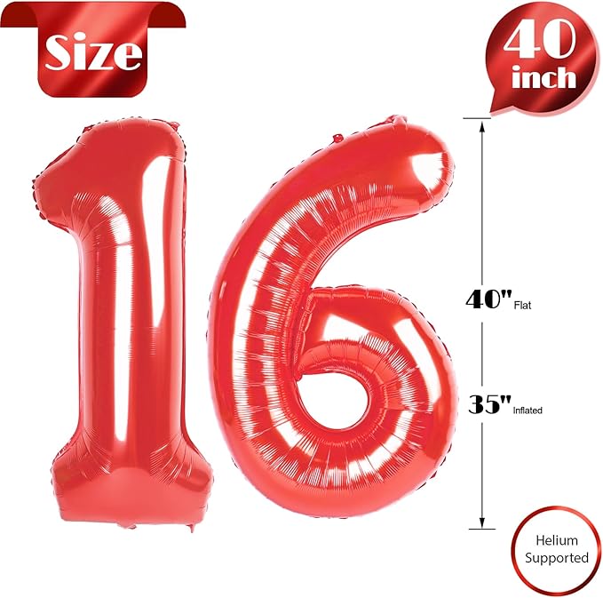 Red Number 16 Balloon 40 inch, 16 Number Balloons, 16th Red Birthday Decorations, 16 Year Old Girls Boys Party Supplies