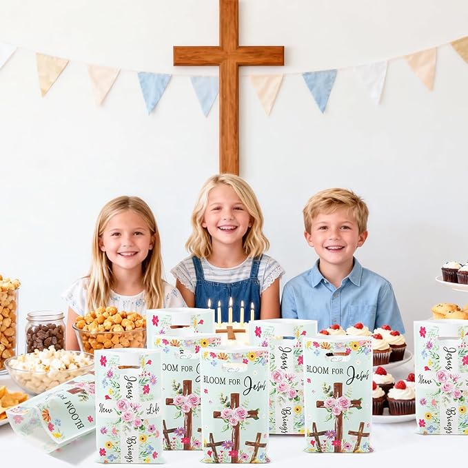 Spring Religious Party Favor Bag - 50Pcs Christian Cross Bible Floral Goodie Candy Treat Gift Bags Spring Flower Religious Party Supplies for Birthday Valentine's Day Easter Sunday School Church Gift