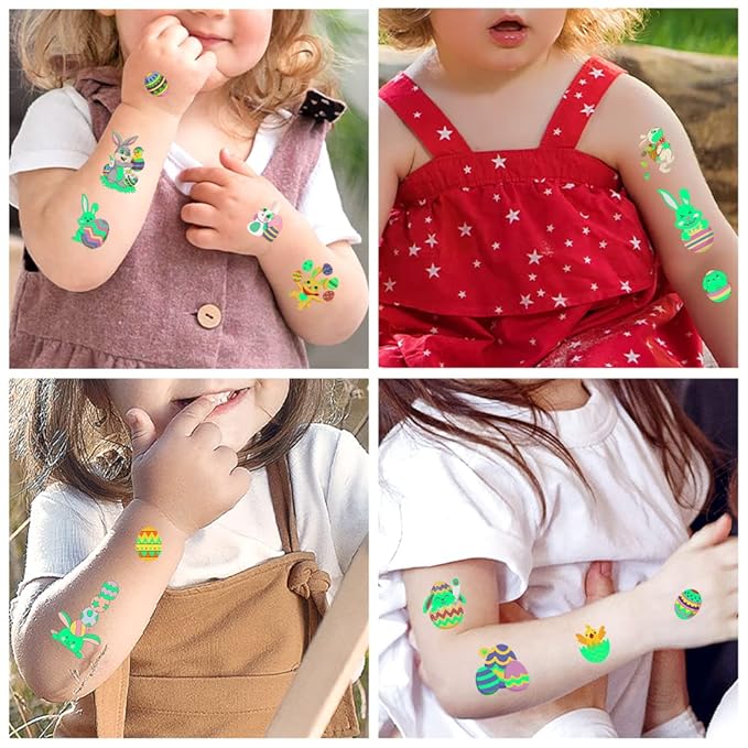 80Pcs Easter luminous temporary tattoos for kids,Glow in The Dark Easter Basket party Tattoos stickers, dwarf colored egg carrot rabbit egg facial makeup Tattoos, holiday party Supplies Favors Gifts