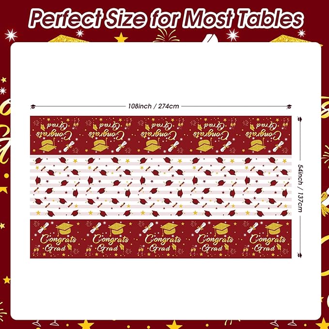 Graduation Tablecloth Party Decorations Class of 2026 3 Pack Maroon and Gold 54"x108" Congrats Grad Disposable Rectangle Table Cover Plastic Burgundy Table Cloth for College High School Party Supplies