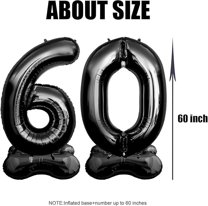 60 Inch Black Number Balloon Large Foil Number Balloons With Base, 0-9 Big Number Balloons for Birthday Party Supplies Decorations