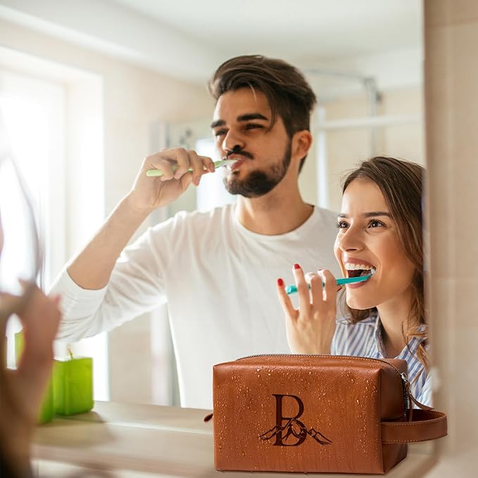 Personalized Gifts Travel Toiletry Bag for Men Engraved Initial PU Leather Waterproof Shaving Bag for Toiletries Accessories Fathers Day Birthday Gift for Men Dad Husband Son, Light Brown R
