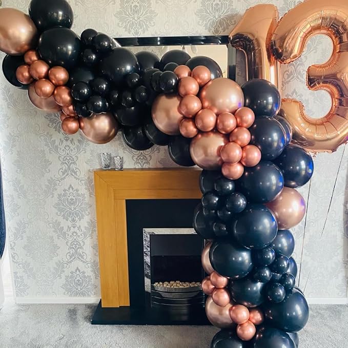 Rose Gold and Black Balloon Arch Kit, Metallic Rose Gold and Black Balloon Garland Kit with Different Sizes 18/12/10/5 inch Balloons for Graduation Birthday Wedding Anniversary Party Decorations