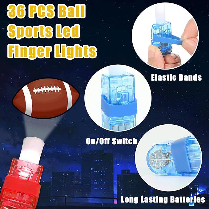 36 PCS Sport Party Favors Football LED Light Up Finger Lights, Glow in the Dark Basketball Baseball Soccer Party Finger Flashlight Bulk for Sport Goodie Treat Bag Stuffers Game Birthday Party Supplies