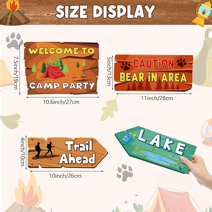 Hooqict 20 Pieces Camping Themed Party Decorations Camping Party Directional Signs for Summer Camp Decor Welcome to Camp Birthday Party Supplies Classroom Wall Door Porch Yard Sign