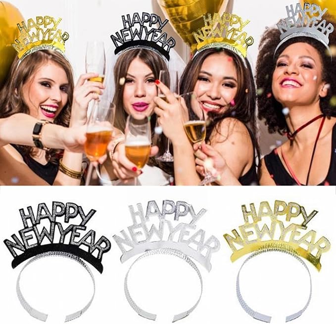 12pcs New Year's Headbands and Hats - NYE Crown, Happy New Year Headband, Party Hats, Eve Party Headbands, Tiara Accessories for Happy New Year Party