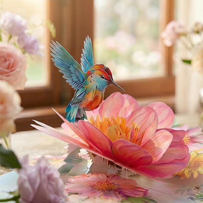 3D Hummingbird and Flower Pop Up Card, 3D Flower Greeting Pop-Up Card for Birthday, Anniversary, Thank You, Mother’s Day, Thinking of You, Nature Lovers Gift for Women and Mom
