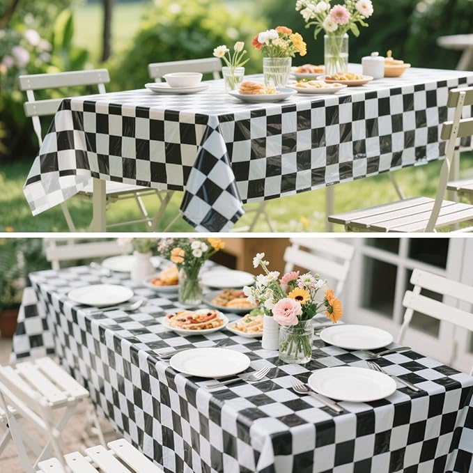 3 Packs Black and White Checkered Tablecloth 54 x 108 Inch Plastic Checkered Table Cloth Disposable Race Car Theme Party Tablecloths for Outdoor Picnic Parties