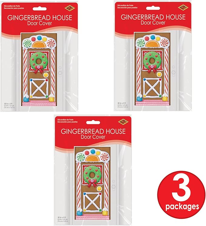 Beistle Gingerbread House Door Covers, 5’ x 30”, 3 Pieces – Magical Festive Winter Holiday Decor - Plastic for Indoor and Outdoor Use - Easily Display - Vibrant Candy Theme Christmas Decorations