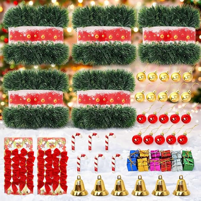 250FT Christmas Greenery Garland for Holiday Indoor Outdoor Decor, Non-Lit Soft Artificial Twist Garland with Red Bows Balls, Home Artificial Greenery for Christmas Wedding Party Decorations