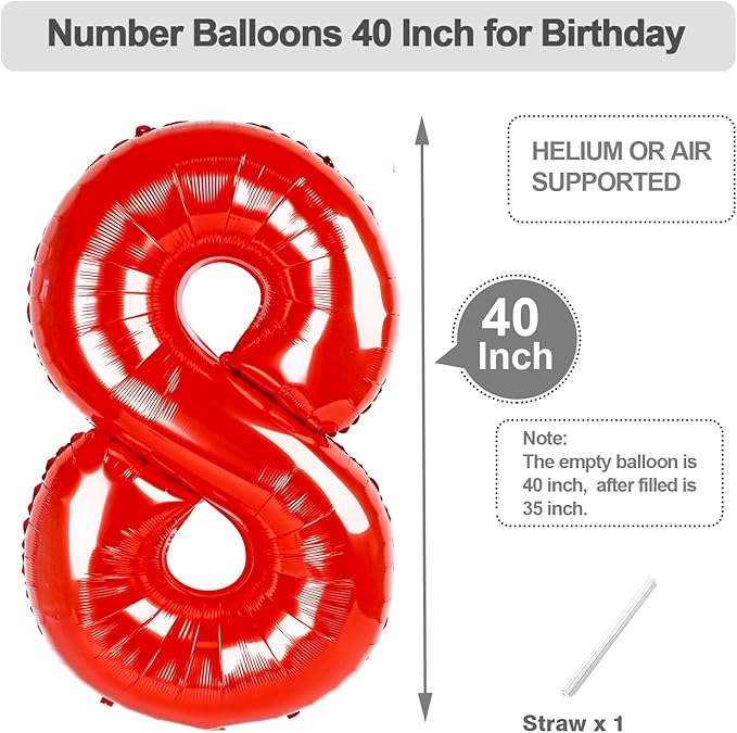 8 Birthday Balloon, 40 Inch Red Foil Big Ballon for Women And Men, Numbers Balloon Decoration for Happy 8 18 28 80 Birthday, Wedding Anniversary, New Year, Party Decoration