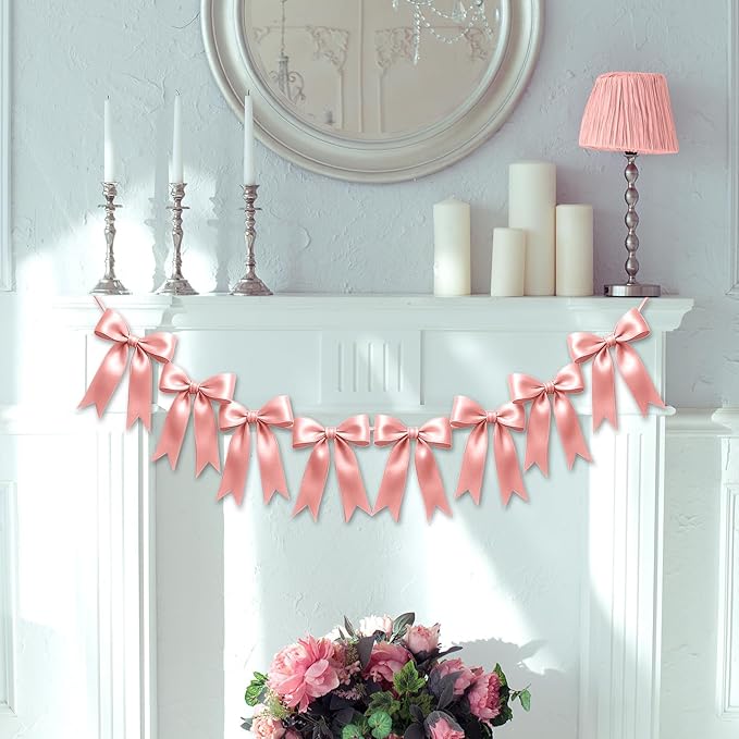 2 Strings of 16PCS Rose Gold Pink Bow Garlands Banner Decoration,Pre-Strung Satin Ornaments for Birthday,Bachelorette Party,Bridal Shower,Wedding,Engagement,Baby Shower,Graduation Decor,Anniversary