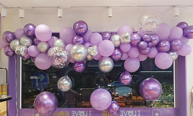 Grey Violet Maca Purple Silver Balloons Garland Arch Kit, 146Pcs Latex Balloons Different Sizes 18 12 10 5 Inch for Party Decoration Birthday Wedding Engagements Anniversary Baby Shower