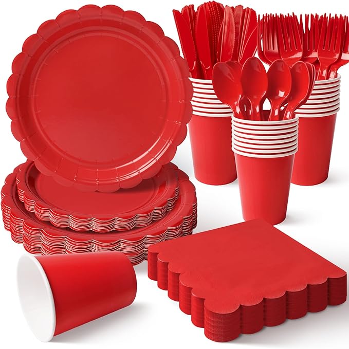 Vyntra 350 Pcs Red Disposable Paper Plates and Napkins Set for 50, 9" Dinner Plates & 7" Dessert Plates, Tableware for Christmas, Valentine’s Day, Birthday, Party