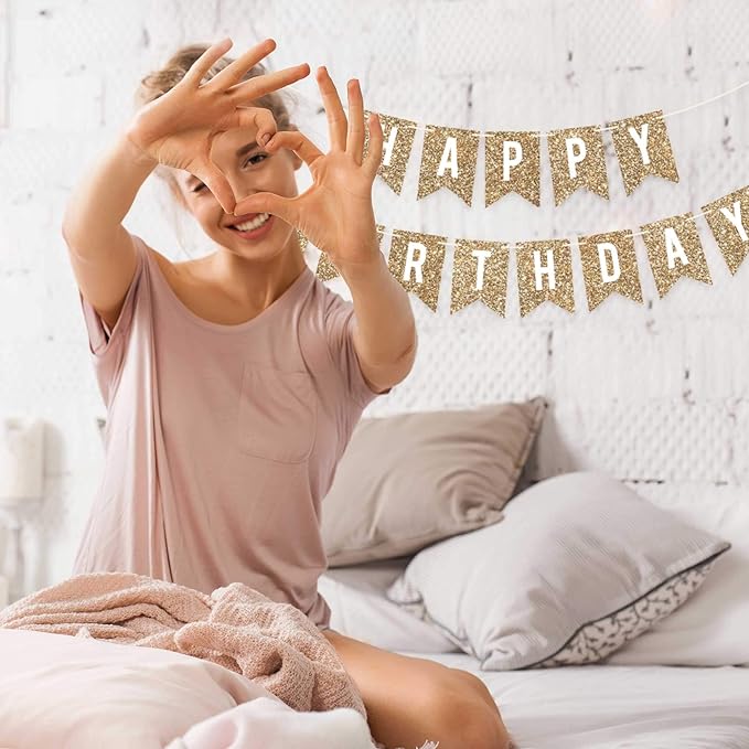 Pre-strung Happy Birthday Banner - No DIY - Gold Glitter Birthday Party Banner - Pre-strung Garland on 6 ft Strands - Gold Bday Party Decorations & Decor. Did We Mention No DIY