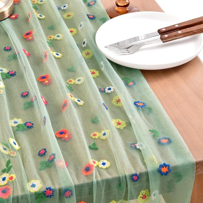 Joanlody Sage Green Embroidery Daisy Spring Summer Table Runner Florals Seasonal Easter Tulle Table Runner Holiday Kitchen Dining Table Decoration for Home Party Indoor