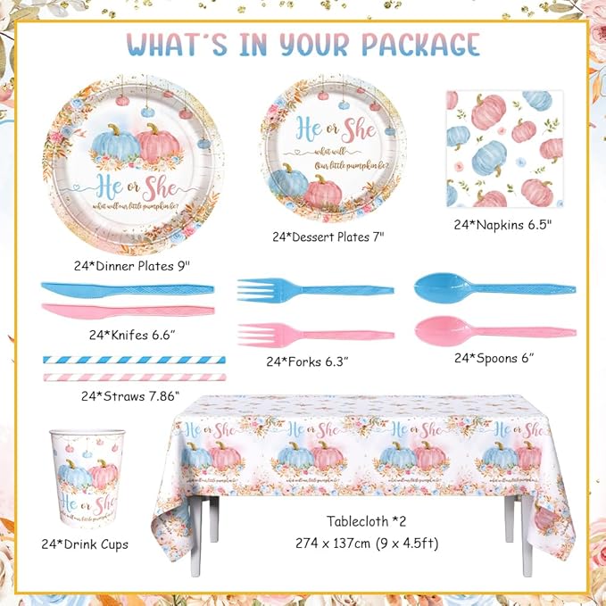 194 PCS Pumpkin Gender Reveal Decorations Pumpkin Paper Plates Cups and Napkins Sets He or She Baby Gender Reveal Party Supplies Disposable Tableware Set with Tablecloth Serves 24 Guests