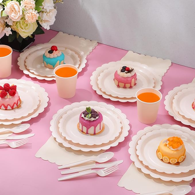 350 Pcs Ivory Plates and Napkins, 50 Guest Cream White Party Supplies Include Scalloped Paper Plates Napkins Cups Plastic Spoons Forks Knives Disposable Tableware Set for Weeding Bridal Shower