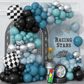 Race Car Balloons Garland Arch Kit, Dusty Blue Balloons Green Black Balloon Pale Blue Metallic Silver Balloon Arch Kit with Checkered Foil Balloon for Car Fast Birthday Baby Shower Party Decorations