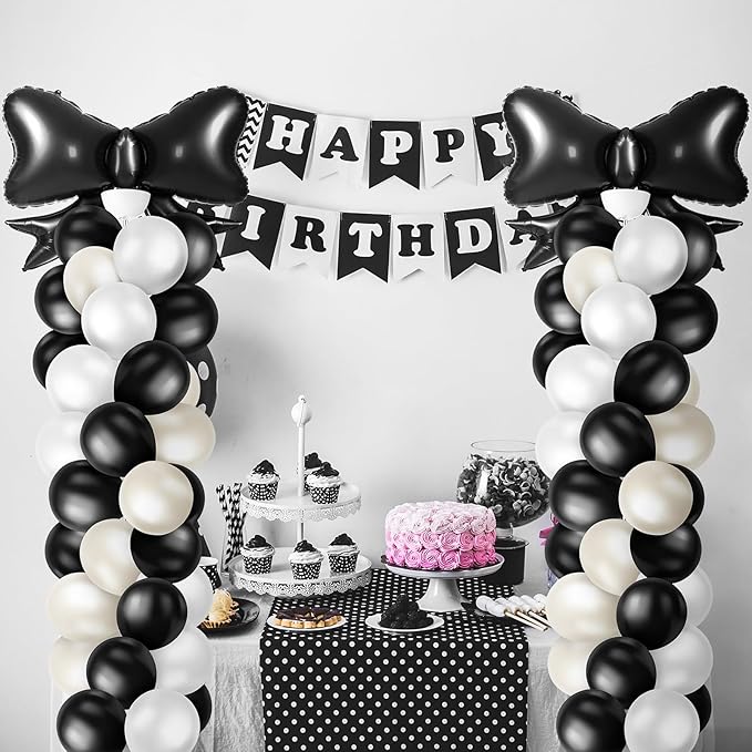 Kasyat 2 Sets Black Bow Balloon Column Stand Kit with 2 Black Bow Foil Balloons 100 Latex Balloons, Adjustable Stands Black and White Balloon Garland Arch for Bridal Princess Birthday Coquette Party