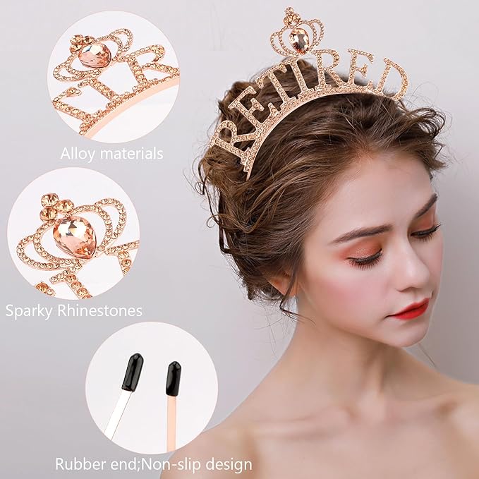 SuPoo Rose Gold Retirement Sash for Women Rhinestone Retired Crown Headband Tiara Retirement Gifts The Legend Has Retired Sash Crown Elegant Retirement Party Decorations Retired Decor