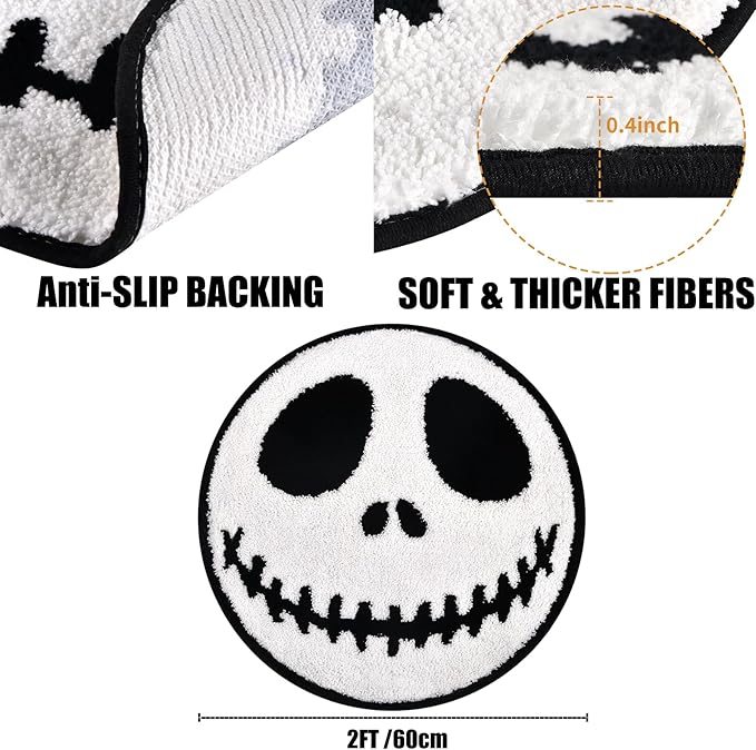 Jack Halloween Rugs Mat 2ft Round Non-Slip Cute Creepy Nightmare Bath Rug Bathroom Shower Floor Mat for Halloween Indoor Decor Nightmare Before Holiday Christmas Decorations
