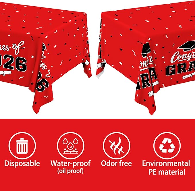 Gatherfun 2026 Graduation Decorations : 2-Pack Congrats Grad Disposable Tablecovers - Class of 2026 Red Themed Table Cloths, for Graduation Party Supplies & Graduation Backdrop, 54" X 108"