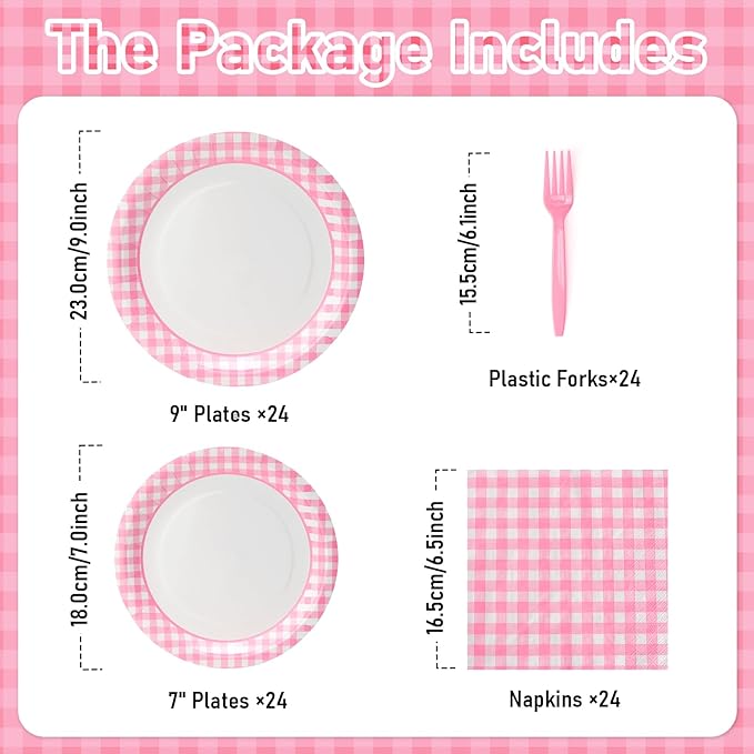 168PCS Party Plates, Scalloped Gingham Paper Plates and Cups and Napkins Sets Party Supplies for Birthday Wedding Bridal Shower Baby Shower Picnic, Serve for 24 Guests (Pink Gingham)