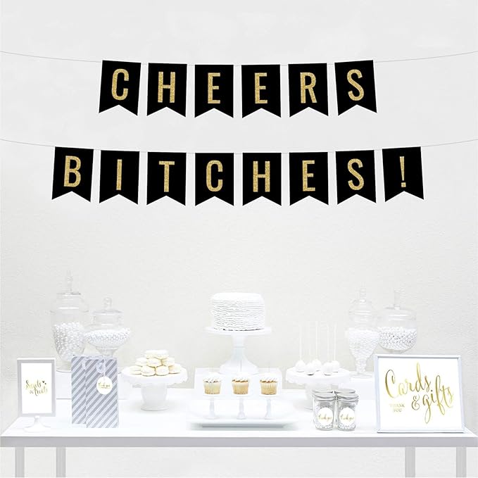 Andaz Press Faux Gold Glitter on Black Bridal Shower Bachelorette Party Banner Decorations, Cheers Bitches!, Approx 5-Feet, 1-Set, Colored Hanging Pennant Decor