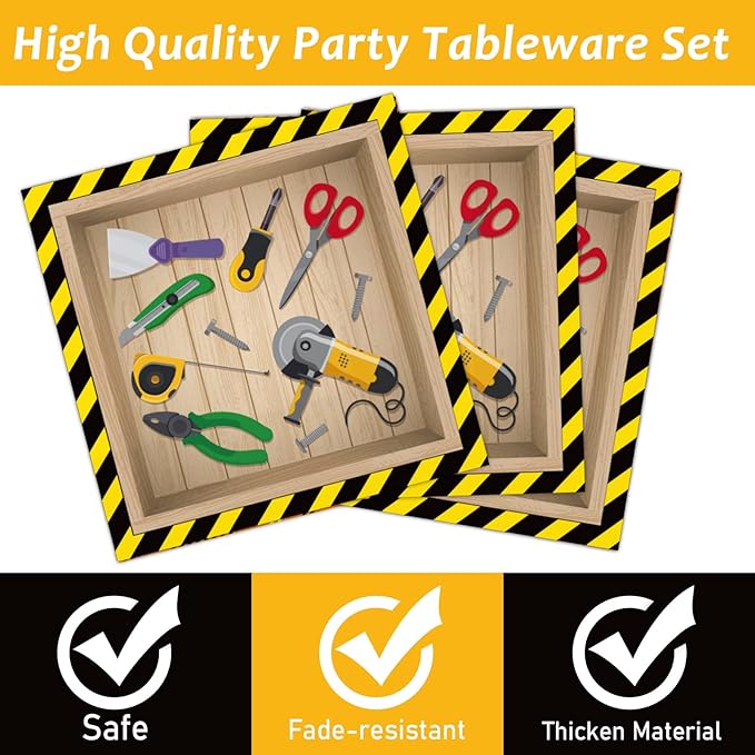 chiazllta 96 Pcs Handyman Tools Party Paper Plate and Napkins Construction Birthday Party Decorations Little Builder Handy Party Paper Plates Napkins Forks for Party Favors 24 Guests