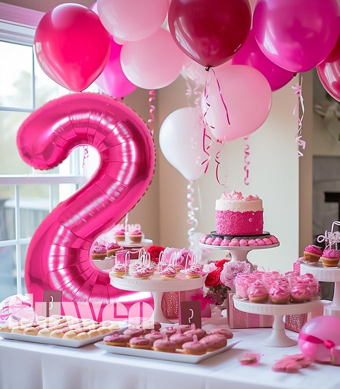 SUWEN 40 Inch Hot Pink Large 2 Number Balloons Big Foil Helium Number Balloons 0-9 Jumbo Happy 2nd Mylar Birthday Party Decorations for Girl Anniversary Party Supplies