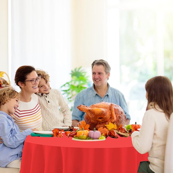 12 Pack Fall Plastic Round Tablecloths–84 Inch Disposable Autumn Table Covers in 4 Colors (Red,Orange,Yellow,Brown),Thanksgiving Harvest Party Decorations for Home Events