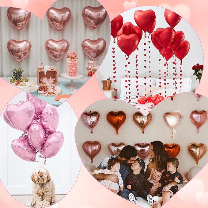 Golray 24pcs Heart Foil Balloons Love Red Pink Gold Rose 18 Inch Mylar Balloon for Valentine Day Decorations Backdrop Balloons Wall Romantic Night Proposal Wedding Anniversary Valentine Party Decor