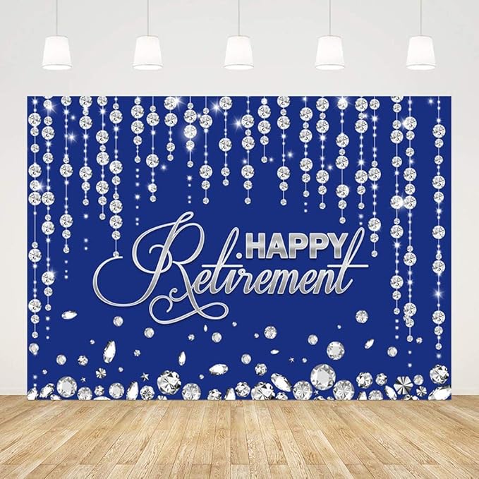 7x5ft Happy Retirement Backdrop for Party Decorations - Navy Blue and Silver Aged Retirement Banner