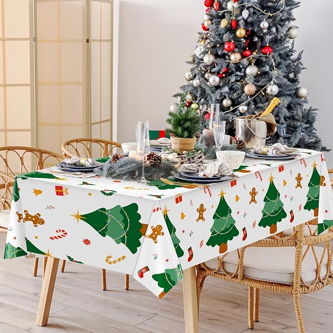 Hxezoc 3 Pack Disposable Plastic Christmas Tree Tablecloth, 54 x 108 Inches Christmas Party Table Cover for Xmas Winter Holiday New Year Home Dinner Decorations