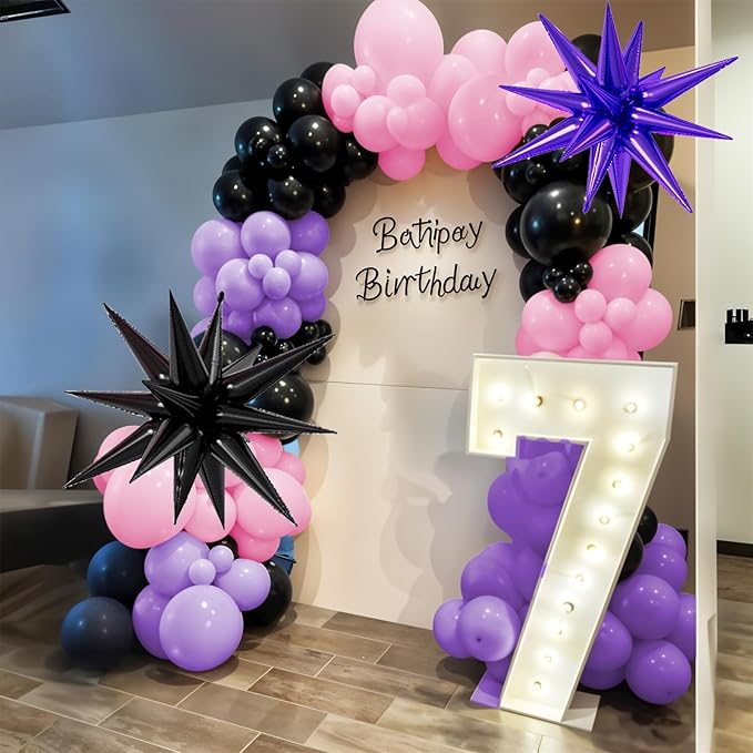 Pink and Purple Balloon Arch Garland Kit, Black Macaron Metallic Purple Pink Birthday Balloons, Star Foil Balloons for Princess Girl Theme Birthday Decorations Baby Shower Party Backdrop