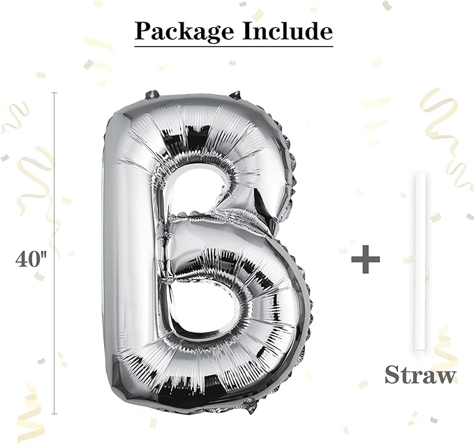 40 inch Silver Letter B Balloon, Big Size Alphabet Foil Mylar Helium Balloons for Birthday Party Celebration Wedding Anniversary Baby Shower Decorations Supplies Alphabet B