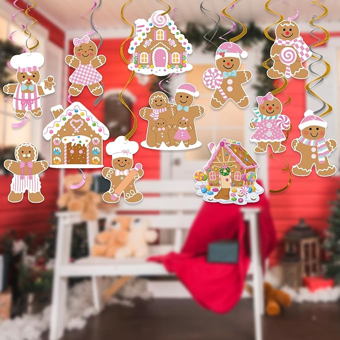 24pcs Pink Gingerbread Party Decorations Hanging Swirls Christmas Gingerbread Streamers Decor for Christmas Birthday Party Supplies