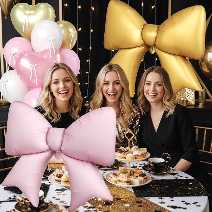 16Pcs Pink and Gold Heart Balloons, 38 Inch Pink Bow Balloon, Champagne Gold Pink White Balloon and Bow Heart Shaped Foil Balloons for Birthday Wedding Bridal Baby Shower Valentines Day Decorations