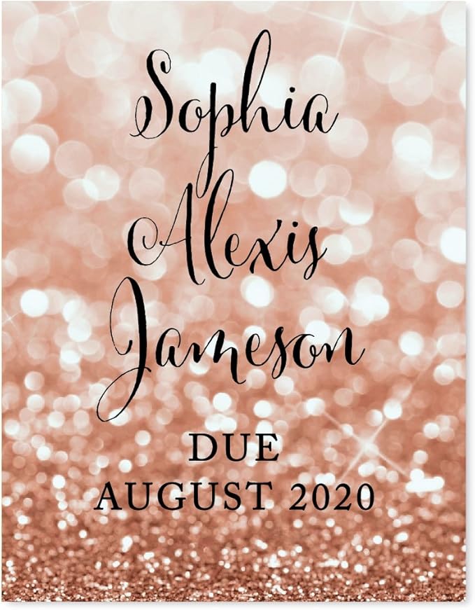 Andaz Press Personalized Baby Shower Party Signs, Glitzy Rose Gold Glitter, 8.5x11-inch, Sophia Alexis Jameson Due August 2026, 1-Pack, Bokeh Colored Party Supplies, Custom Name