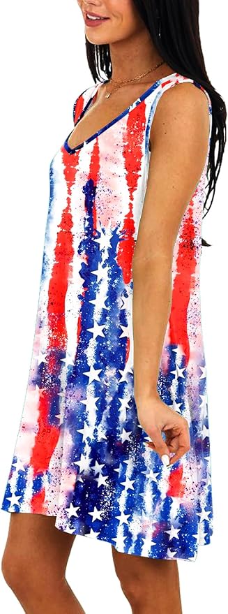 Deerose Women 4th of July Sleeeveless Dress Patriotic V Neck Tank Dresses with Pockets