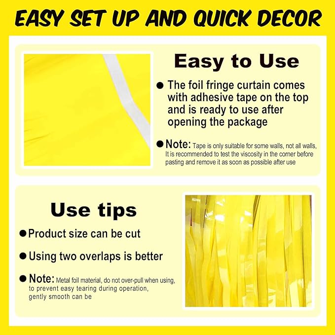 6 Pack Macaron Yellow Foil Fringe Curtains Backdrop, 3.28 x 9.8 Ft Metallic Streamers Tinsel Curtains Background for Photo Booth, Birthday, Halloween, Christmas, New Year Party Decorations