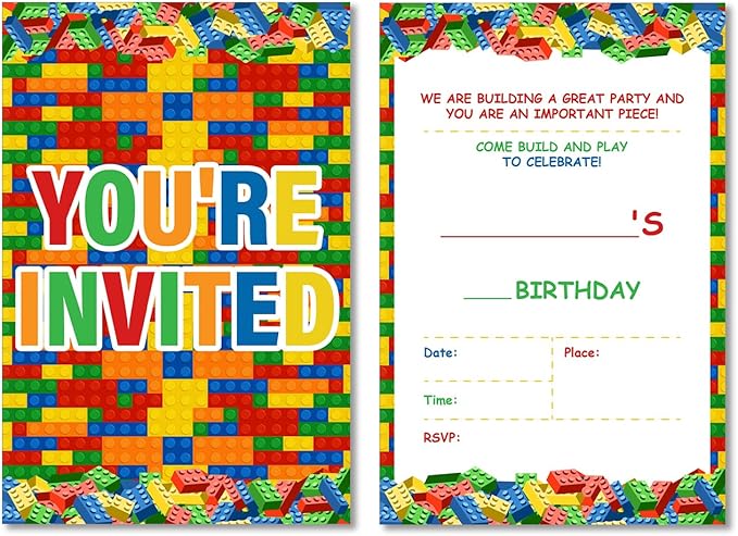 Soiceu Building Blocks Birthday Invitations, Cute Building Blocks Birthday Party Invites with Envelopes Set of 20
