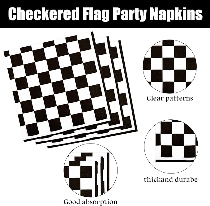 50PCS Checkered Flag Napkins, Disposable Black and White Race Car Birthday Napkins Racing Theme Party Supplies for Baby Shower, Kids, Men Decorations